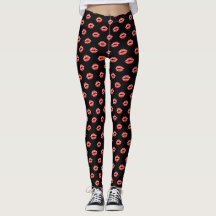 Lip Print Leggings Black Red kiss Pants