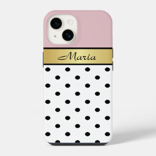 Lipglans Roze, Wit Zwart Stippen, Gouden Naam iPhone 14 Hoesje