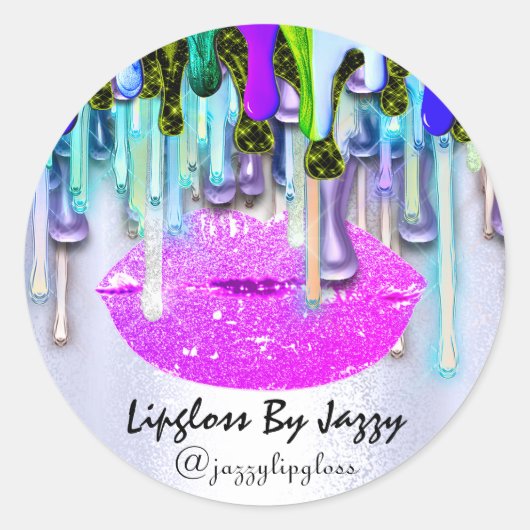Lipgloss Makeup druppelt roze druppels blauw Ronde Sticker (Voorkant)