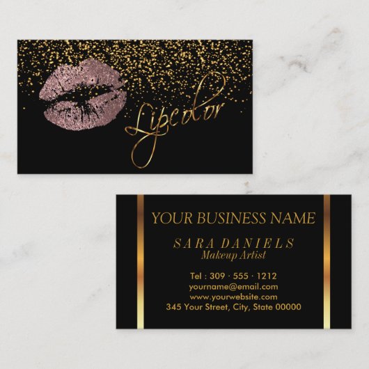 Lipkleur met gouden Confetti en robuuste Rozen Visitekaartje (Voorkant / Achterkant)