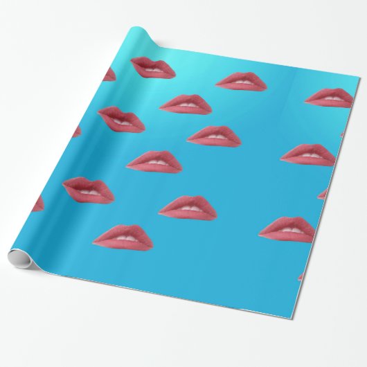 Lippen & Blauwe Achtergrond Cadeaupapier (Uitgerold)
