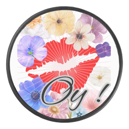 Lippen en bloemen hockey puck (Voorkant)