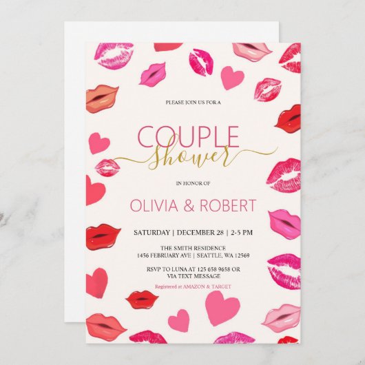Lippen en harten Paar Douche Uitnodiging (Voorkant / Achterkant)