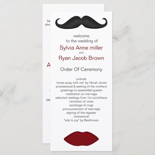 Lippen en snor mod bruiloft programma programmakaart (Voorkant / Achterkant)