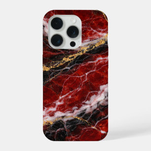 Lippenstift Rood Marmer met Zwarte, Witte & Gouden iPhone 15 Pro Case