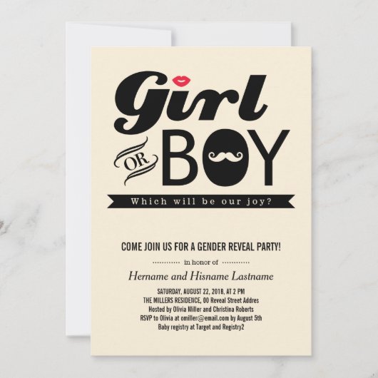 Lips and Mustache Baby Gender Reopenbaarmake Party Kaart (Voorkant)