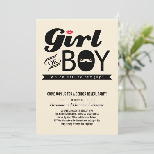 Lips and Mustache Baby Gender Reopenbaarmake Party Kaart (Staand voorkant)