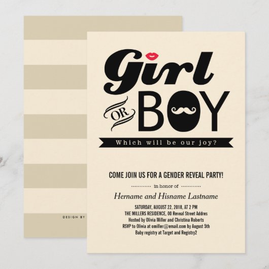 Lips and Mustache Baby Gender Reopenbaarmake Party Kaart (Voorkant / Achterkant)