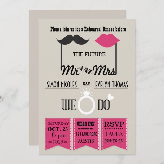 Lips and Mustache Typography Chic Rehearsal Dinner Kaart (Voorkant / Achterkant)