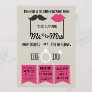 Lips and Mustache Typography Chic Rehearsal Dinner Kaart