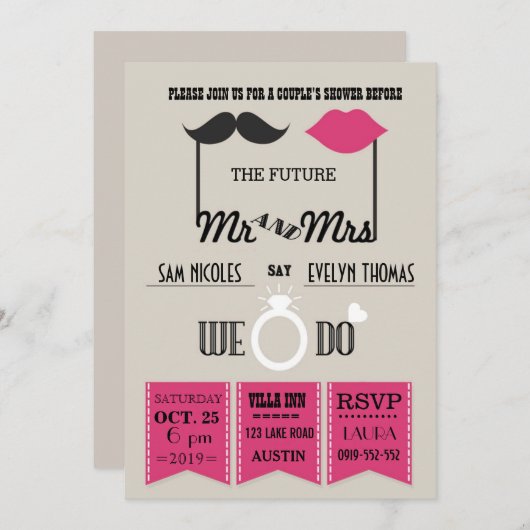 Lips en Mustache Typografie Chic Wedding Shower Kaart (Voorkant / Achterkant)
