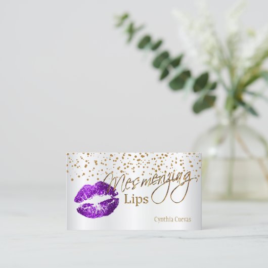 Lips Gold Confetti en Paarse Lips Visitekaartje (Staand voorkant)