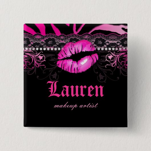 Lips Lace in Diamonds Zebra Makeup Artist Pink Vierkante Button 5,1 Cm (Voorkant)