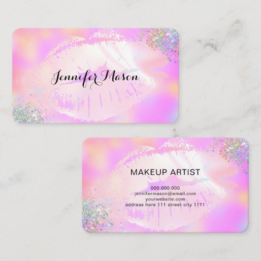 Lips make-up artist holografische glitter roze visitekaartje (Voorkant / Achterkant)