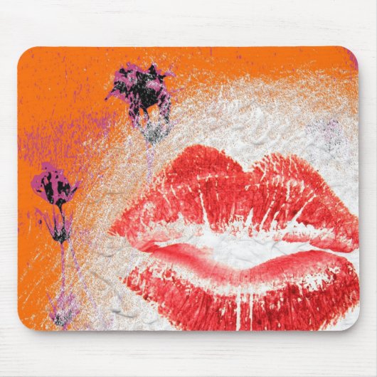 Lips op Oranje achtergrond Paars Flowers Muismat (Voorkant)
