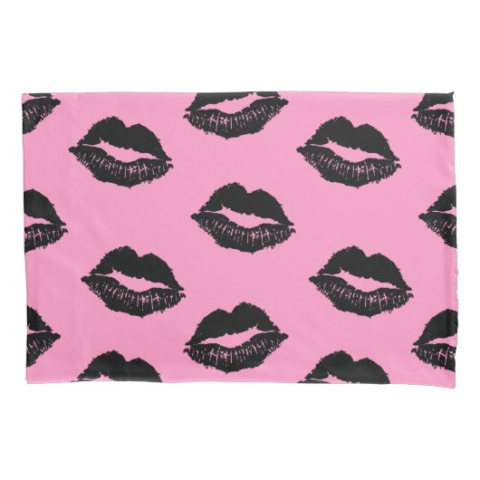 Lips Pattern Black en Pink Kussensloop (Voorkant)