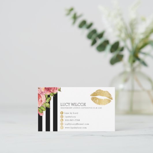Lips-Visitekaartjes, Floral Black en White Stripes Visitekaartje (Staand voorkant)