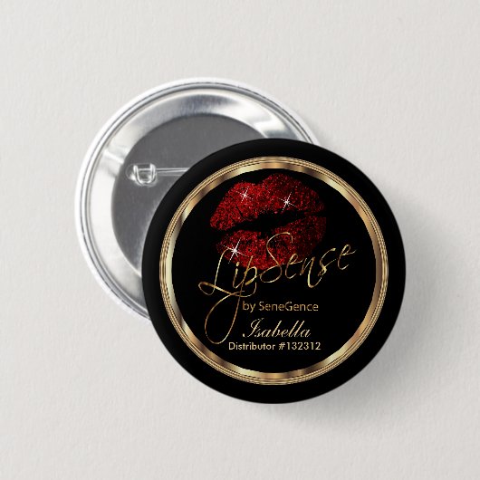 Lipsense - kaneel rood glitter op zwart ronde button 5,7 cm (Voorkant /achterkant)