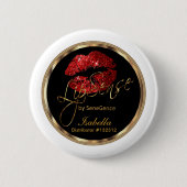 Lipsense - rood glitter op zwart en wit ronde button 5,7 cm (Voorkant)