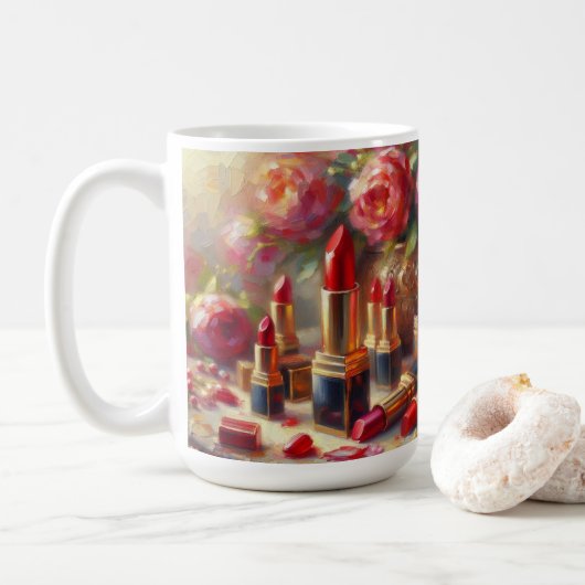 Lipstick & Bloemen Impressionistisch schilderij Koffiemok (Met donut)