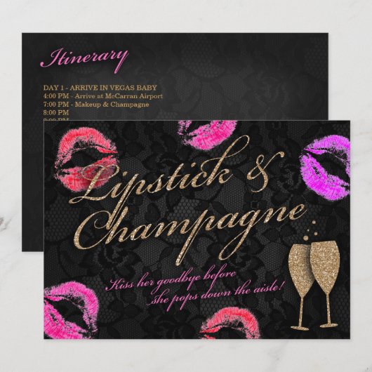 Lipstick & Champagne vrijgezellenfeest Kaart (Voorkant / Achterkant)
