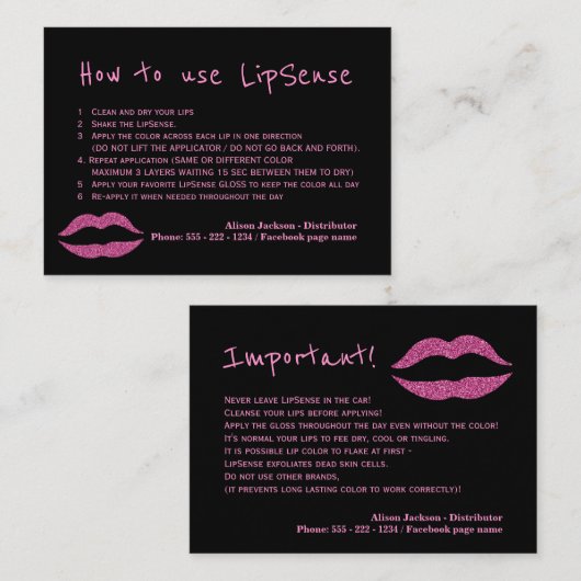 Lipstick distributeur glam applicatie instructies visitekaartje (Voorkant / Achterkant)