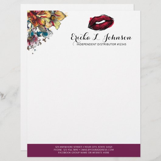 Lipstick Distributor Modern Floral Kiss Marketing Briefhoofd Sjabloon (Voorkant / Achterkant)