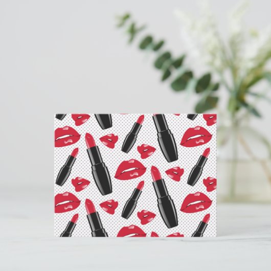 Lipstick en lips poka dot patroon feestdagenkaart (Staand voorkant)
