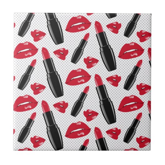 Lipstick en lips poka dot patroon tegeltje (Voorkant)