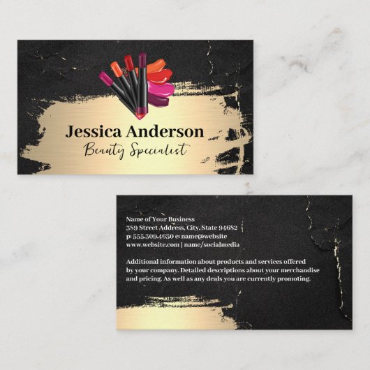 Lipstick | Goud geborsteld | Zwarte marmer Visitekaartje (Voorkant / Achterkant)