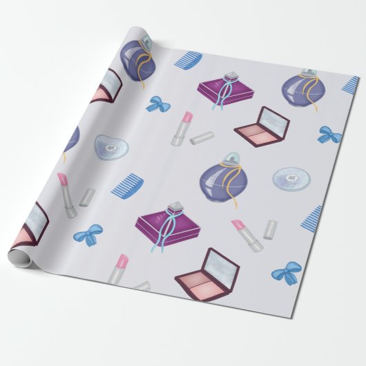 Lipstick, kam en poederdoos, blush, parfum cadeaupapier (Uitgerold)