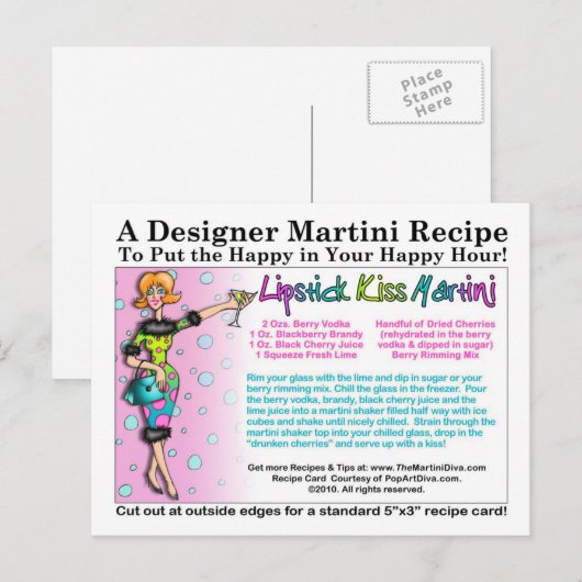 Lipstick Kiss Martini Recept Briefkaart (Voorkant / Achterkant)