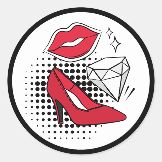 Lipstick Kiss Rode Hoge Hakken Diamant Moderne Gla Ronde Sticker (Voorkant)