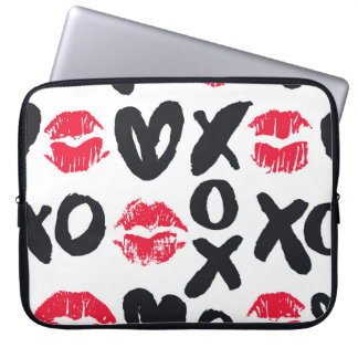 Lipstick Kisses Harten Naadloze Achtergrond Laptop Sleeve