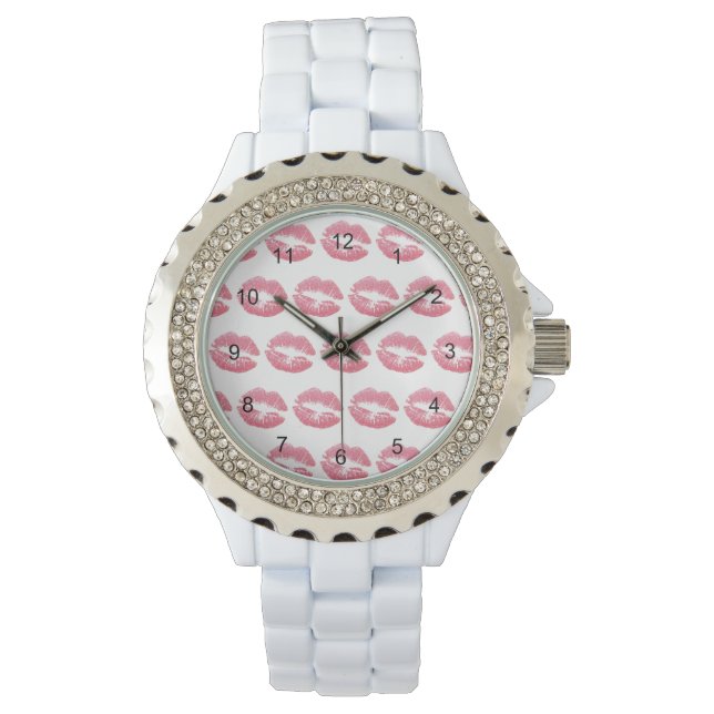 Lipstick Kisses Roze Horloge (Voorkant)