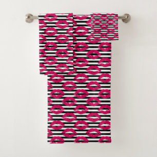 Lipstick Kus B&W Striped Patroon Bad Handdoek