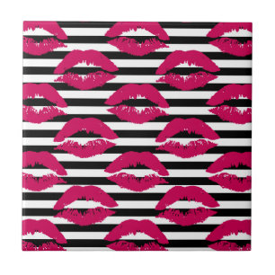 Lipstick Kus B&W Striped Patroon Tegeltje