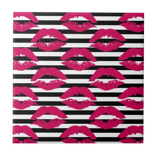Lipstick Kus B&W Striped Patroon Tegeltje (Voorkant)