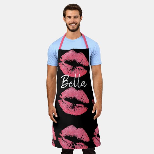 Lipstick kus print roze en zwart schattig schort (Gedragen)