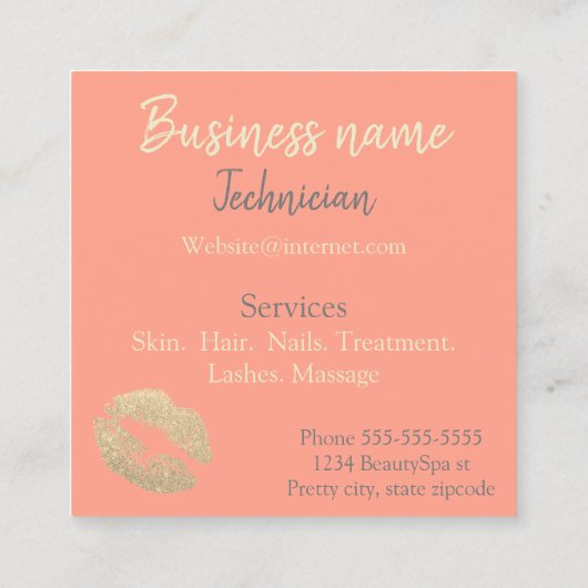 Lipstick kus print roze perzik goud beauty spa vierkante visitekaartje (Achterkant)