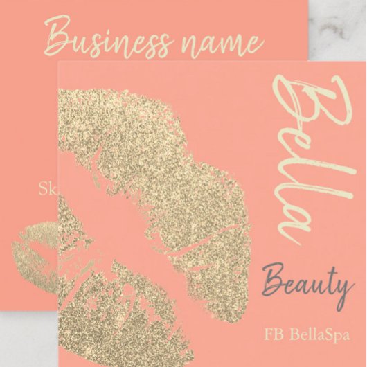 Lipstick kus print roze perzik goud beauty spa vierkante visitekaartje