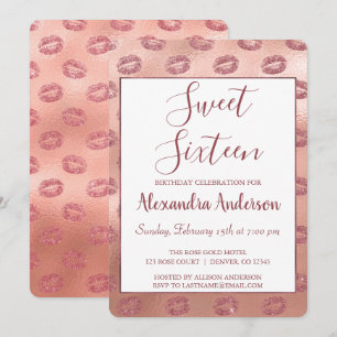 Lipstick Kusjes Roos Gold Sweet Sixteen Birthday Kaart