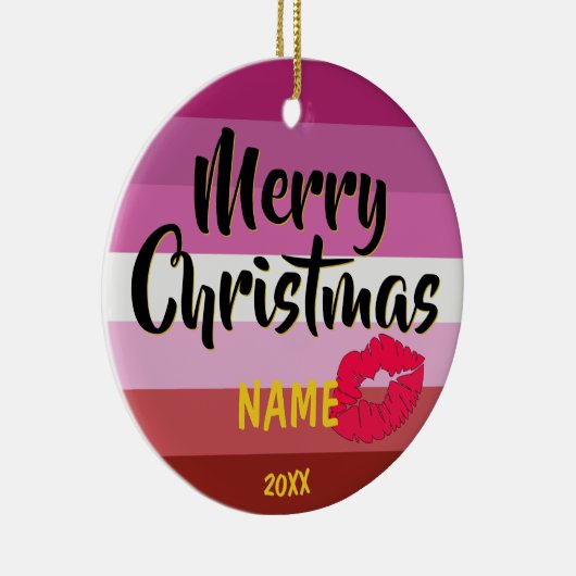 Lipstick Lesbische vlag Persoonlijk kerstfeest Keramisch Ornament (Rechts)