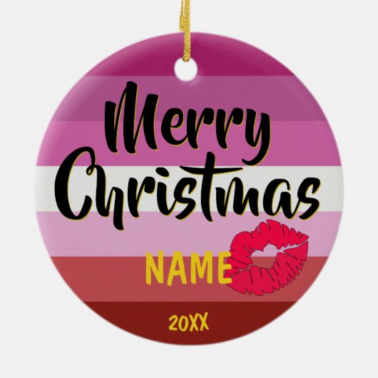Lipstick Lesbische vlag Persoonlijk kerstfeest Keramisch Ornament (Achterkant)