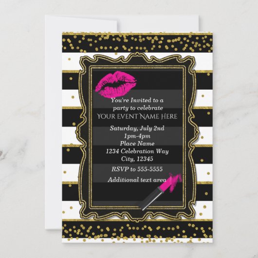 Lipstick Lips Gouden Confetti & Strepen Glamour Kaart (Voorkant)