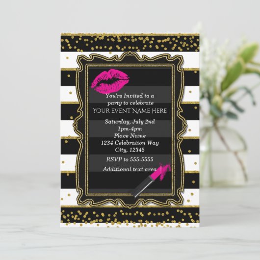 Lipstick Lips Gouden Confetti & Strepen Glamour Kaart (Staand voorkant)