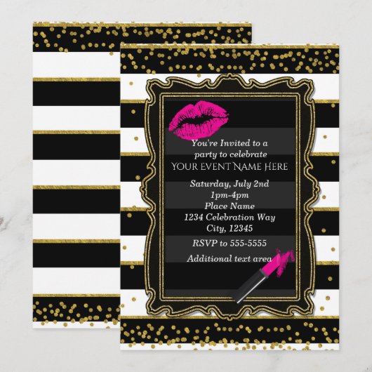 Lipstick Lips Gouden Confetti & Strepen Glamour Kaart (Voorkant / Achterkant)