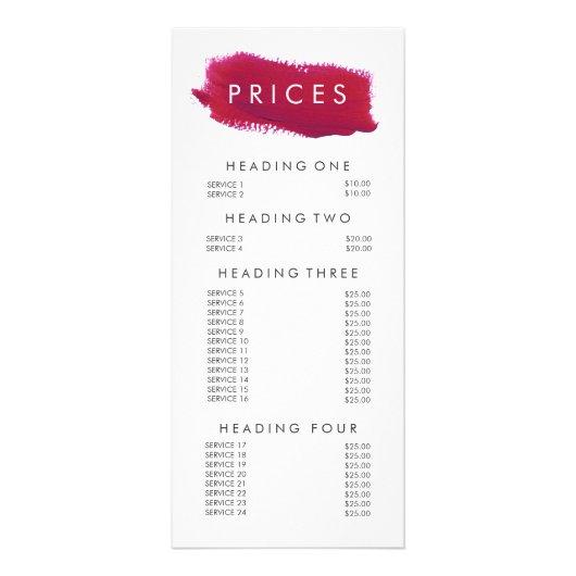 Lipstick make-up artiest Beautician Menu prijslijs (Voorkant)