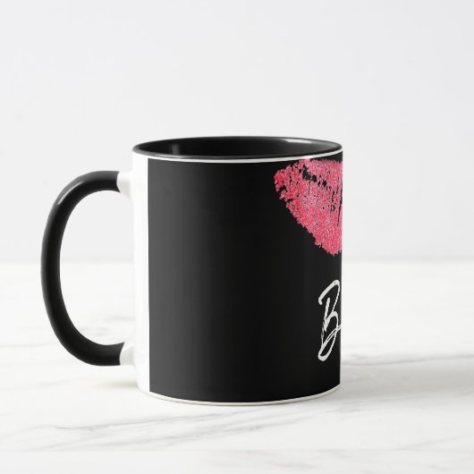 Lipstick print roze lip vlek zwart en wit mok (Links)