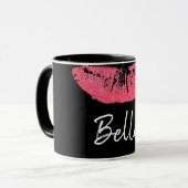 Lipstick print roze lip vlek zwart en wit mok (Voorkant links)